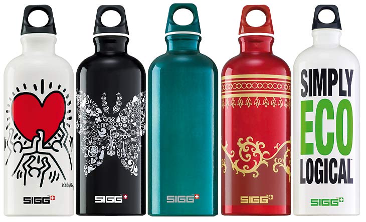 In 2009, the Swiss maker of reusable water bottles, Sigg presents an artful collection of over 100 new designs inspired by eastern culture, showing rocking floral prints - partly made of good fortune symbols (second bottle from left in black and white), and bottles with statements such as 'Simply Eco Logical' which is the motto behind the water bottles in general. 